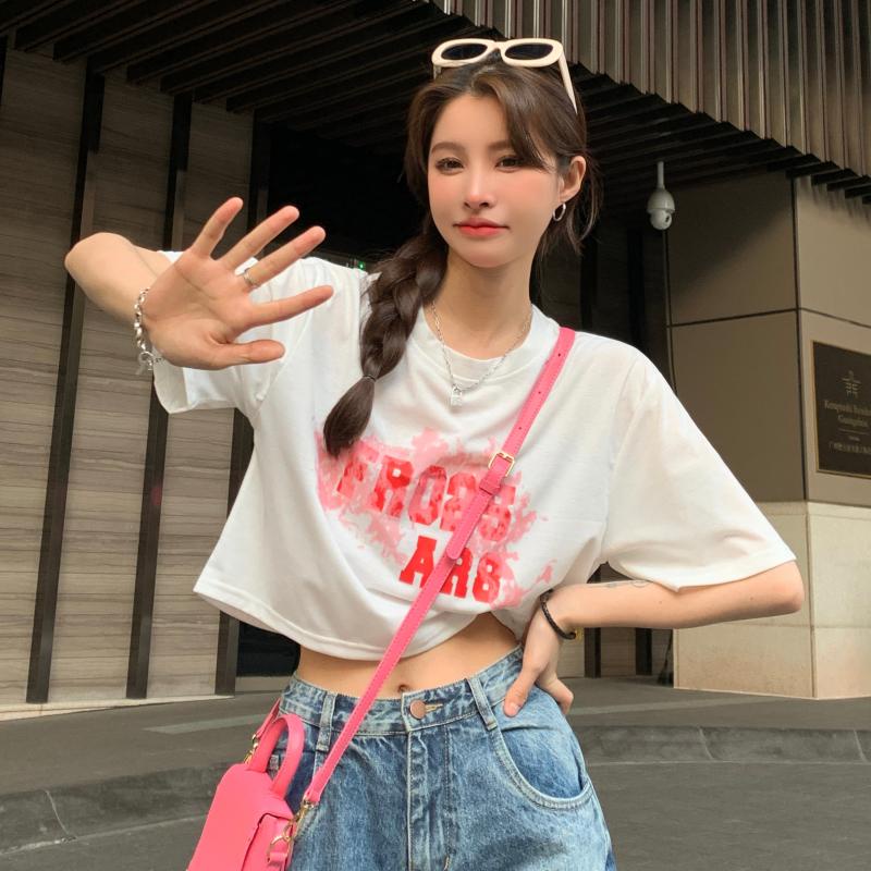 Áo Thun Croptop Ngắn Tay Cổ Tròn Form Ôm In Họa Tiết Phong Cách Hàn Quốc