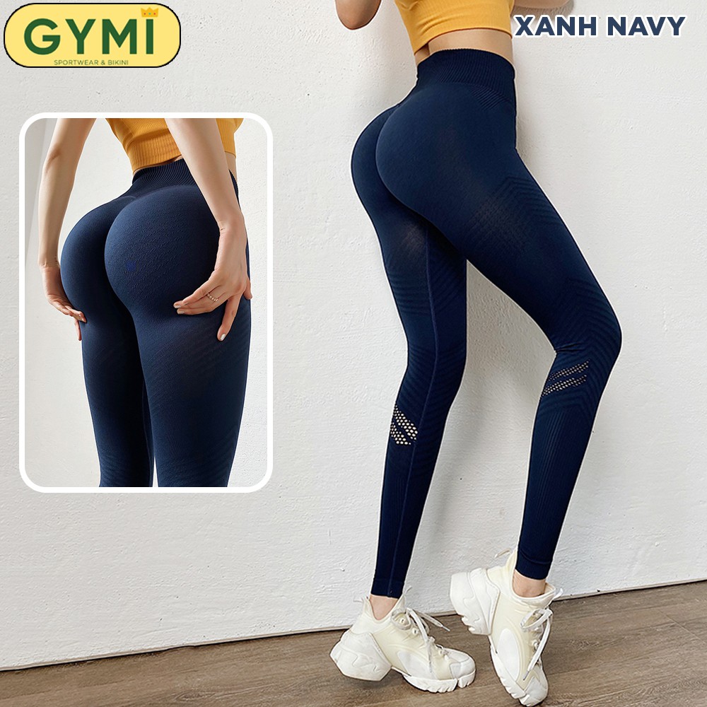 Quần tập gym yoga nữ chun mông GYMI QD17 dáng legging thể thao lưng cao nâng mông hoạ tiết cắt lazer ống quần