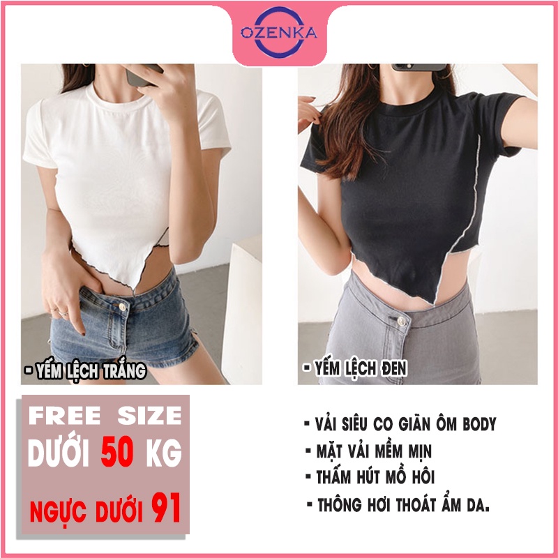 Áo croptop ngắn tay cổ tròn ôm body nữ OZENKA , áo crt vạt lệch cải viền rẻ đẹp màu đen trắng dưới 50 cân