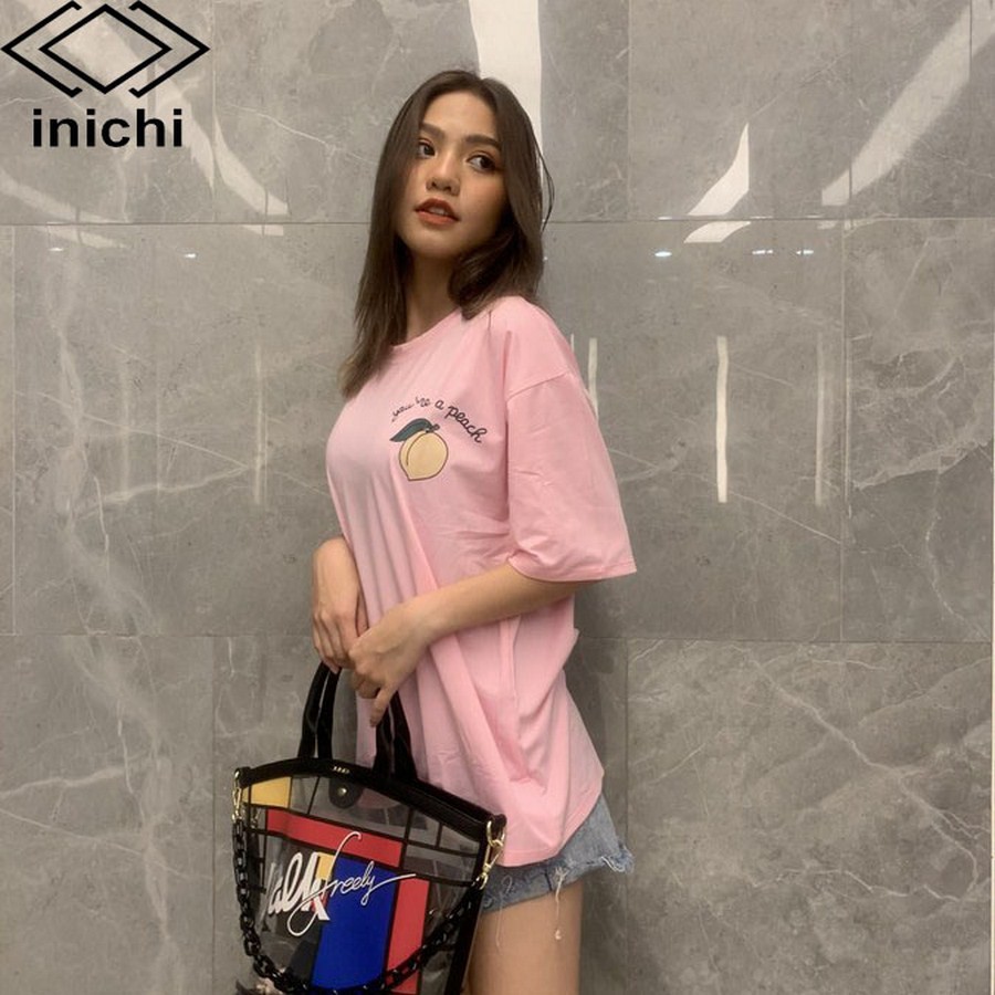 [Mã FAMALLT5 giảm 15% đơn 150k] Áo thun tay lỡ INICHI áo unisex form rộng in hình quả đào tiên - A647 màu đen