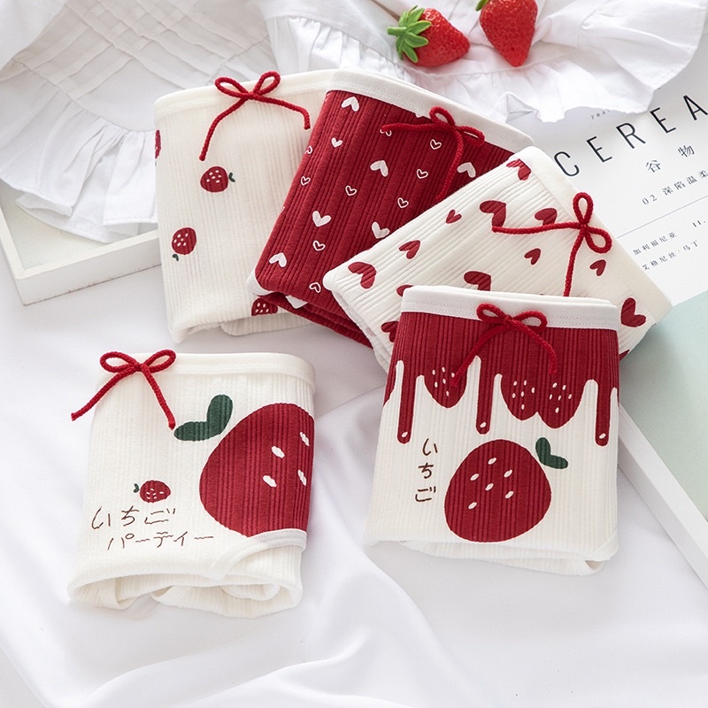 Quần Lót Cotton Tăm Tim - Dâu Đỏ Đính Nơ Mềm Mại Cute