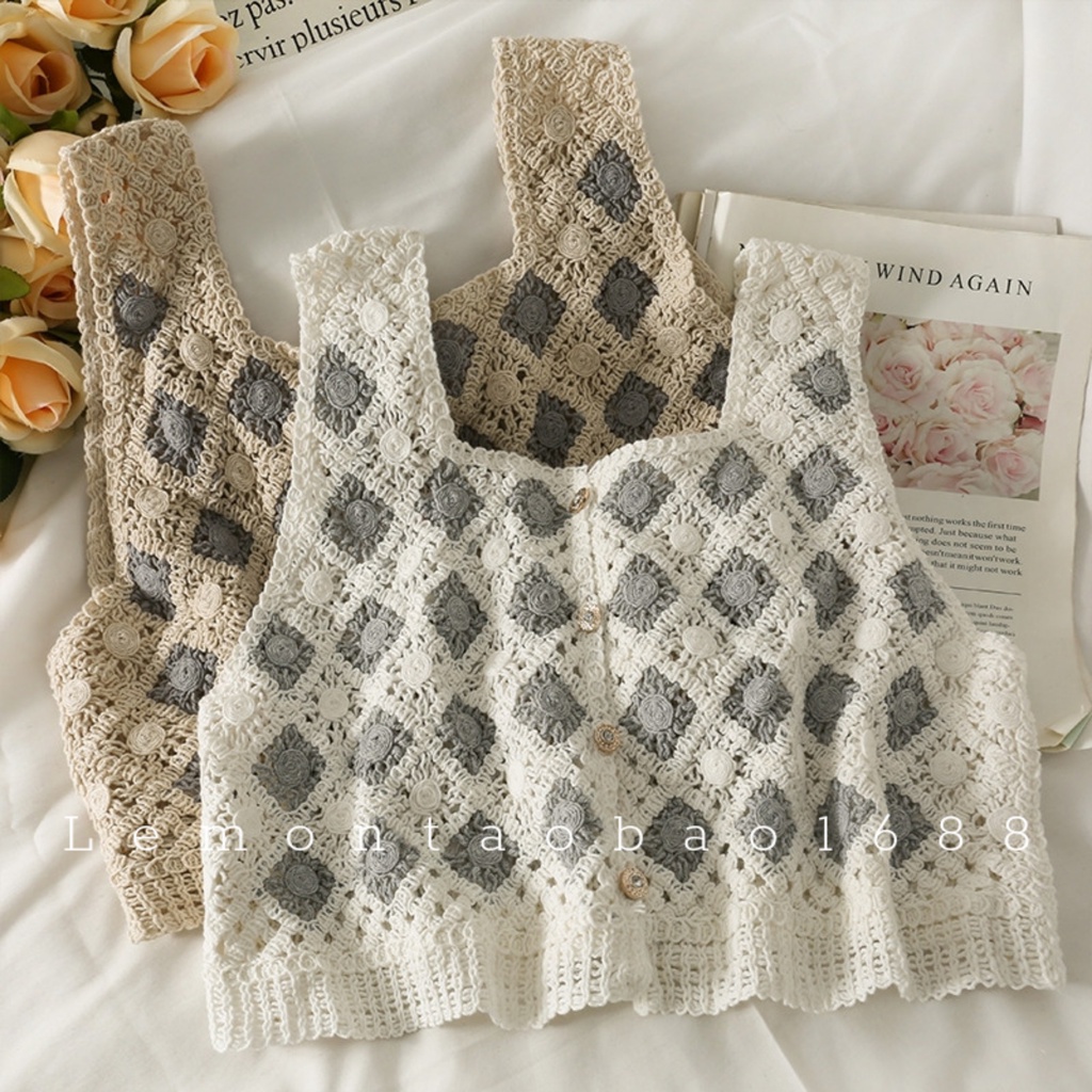 Có ảnh thật- Áo ba lỗ len móc kẻ ô dùng mặc ngoài áo váy