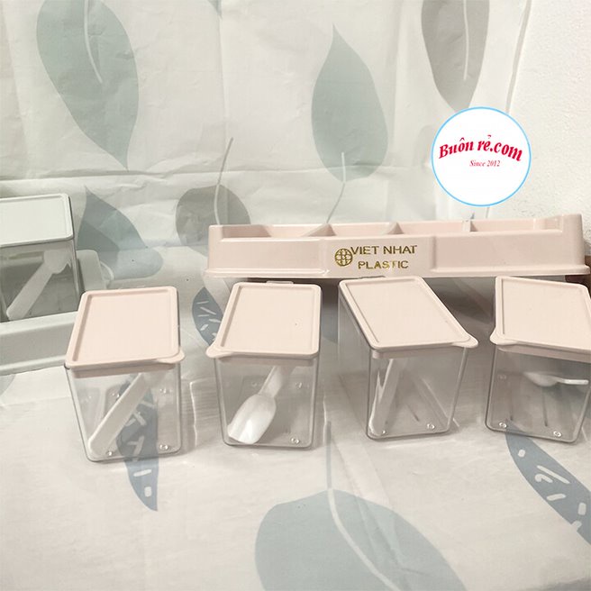 Bộ 4 lọ gia vị có thìa muỗng nhựa Việt Nhât  - Hũ đựng gia vị tiệ lợi, dễ dàng sử dụng có nắp đậy 00483