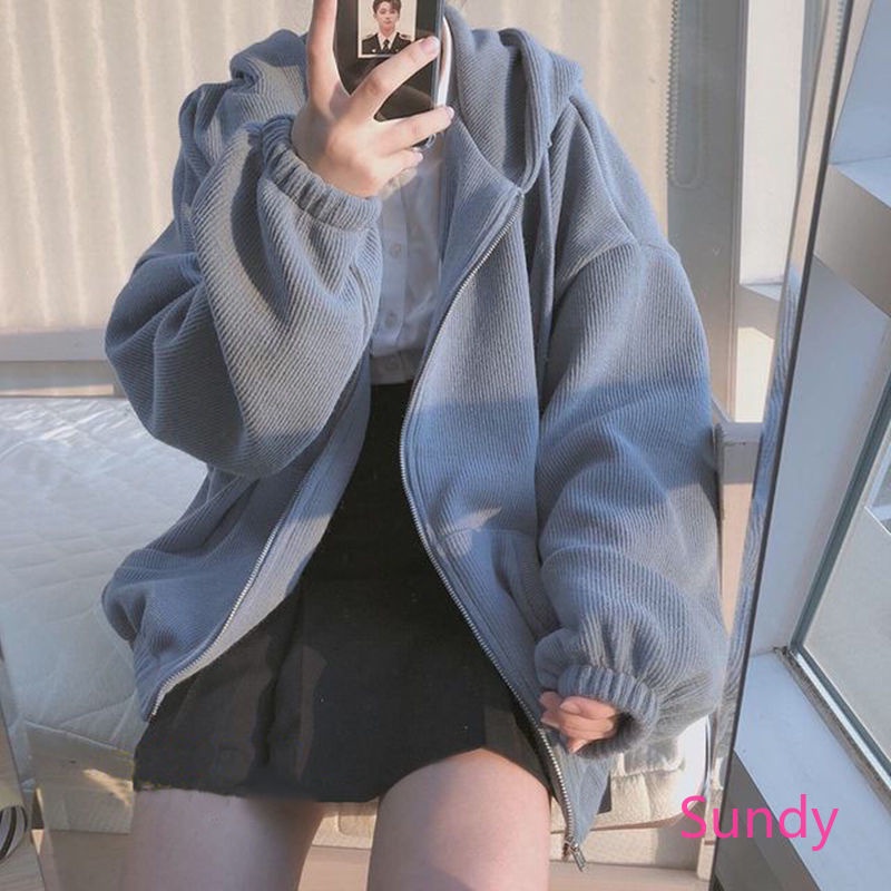 Áo khoác hoodie dáng rộng phối khóa kéo kiểu Hàn Quốc thời trang cho nữ