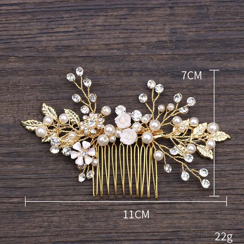 Lược cài tóc cô dâu đính hạt ngọc trai màu vàng