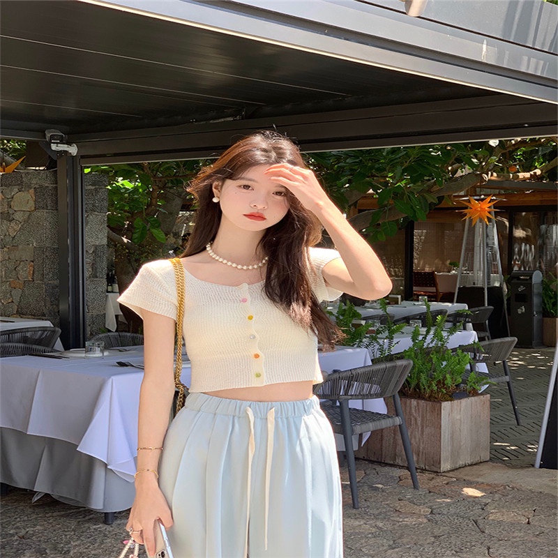 Áo croptop dệt kim SUXI tay ngắn màu trơn thời trang mùa hè dành cho nữ