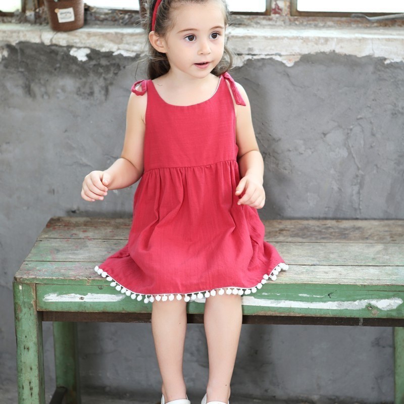 KIDSCLOTHING Đầm công chúa cotton đỏ có ren bông vải dưới chân váy cho bé gái -Hàng nhập khẩu