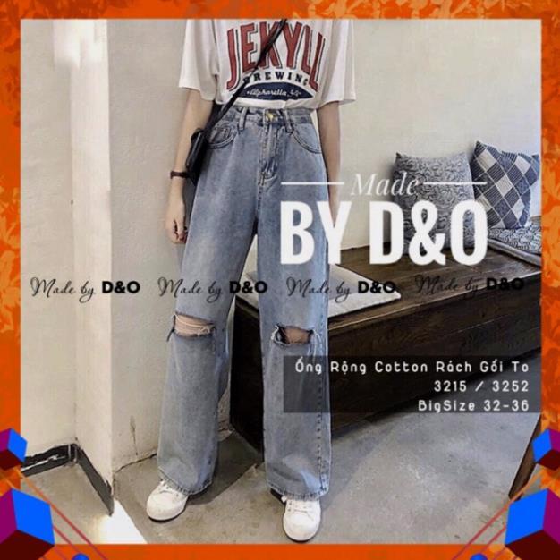 Quần Bò Ống Rộng Dài Form To Dài Chuẩn 105cm - Rách 2 Gối Line To - Lưng Cao - Suông Không Giãn New