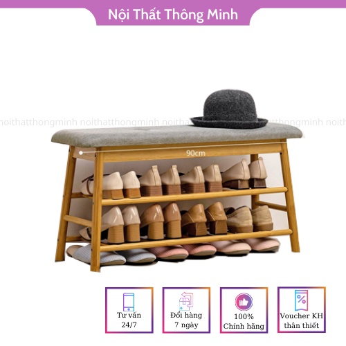 Kệ để giày dép 2 tầng kèm ghế ngồi đi giày bằng gỗ tre