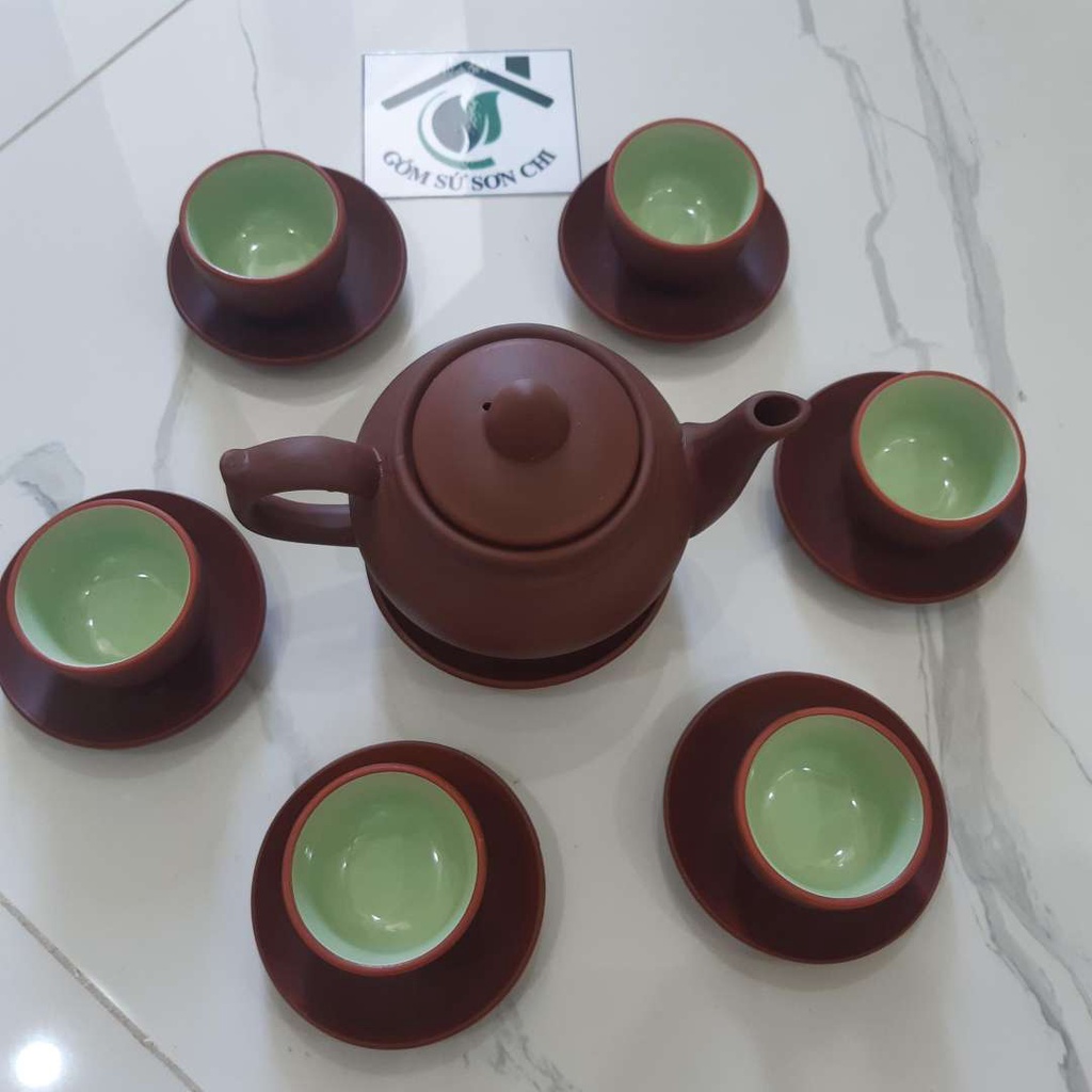 Bộ tách trà Bát Tràng đất đỏ màu nâu (gồm bình trà, 6 tách trà, 7 dĩa lót)