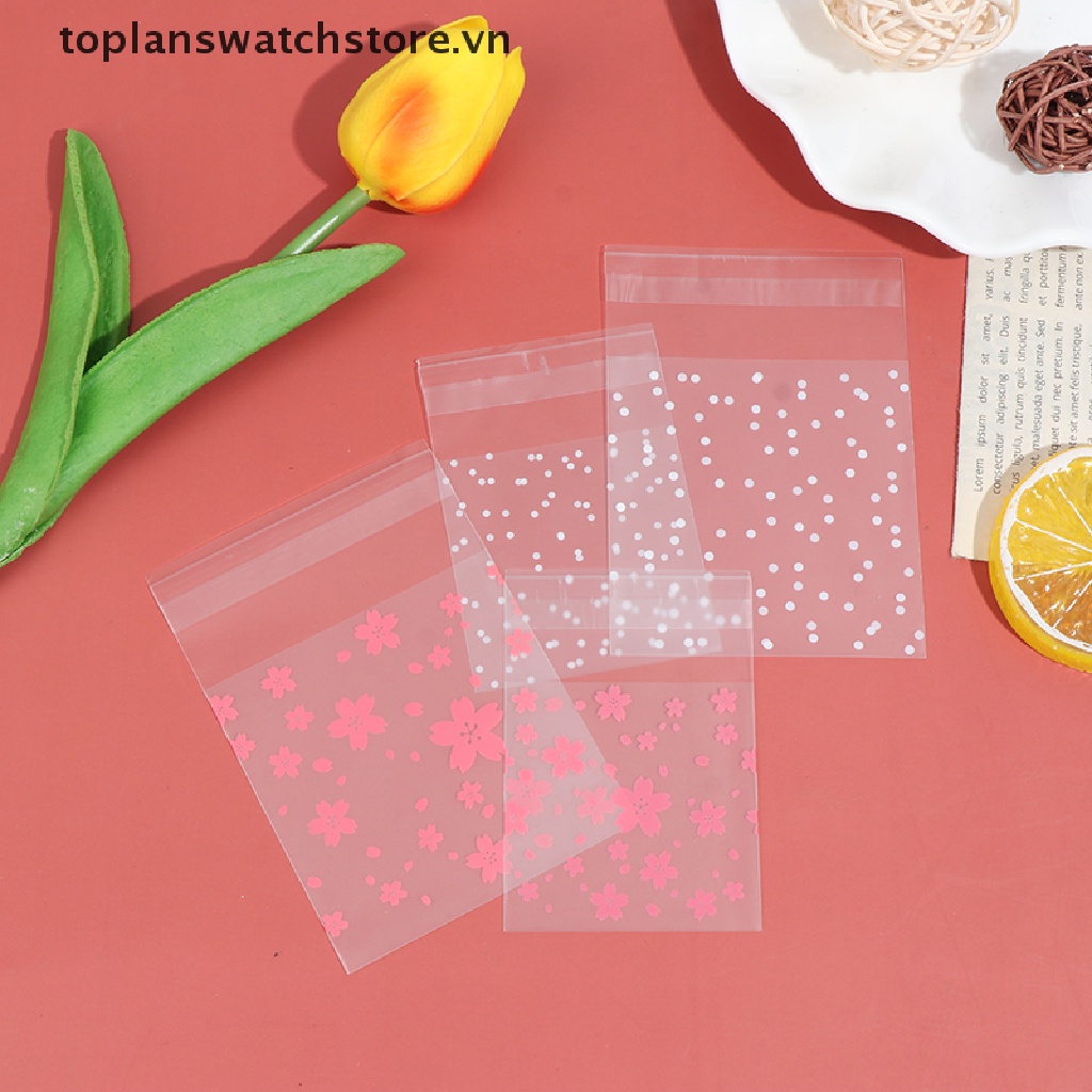 Set 100 Túi Nhựa Đựng Bánh Kẹo Họa Tiết Hoa Anh Đào Chấm Bi