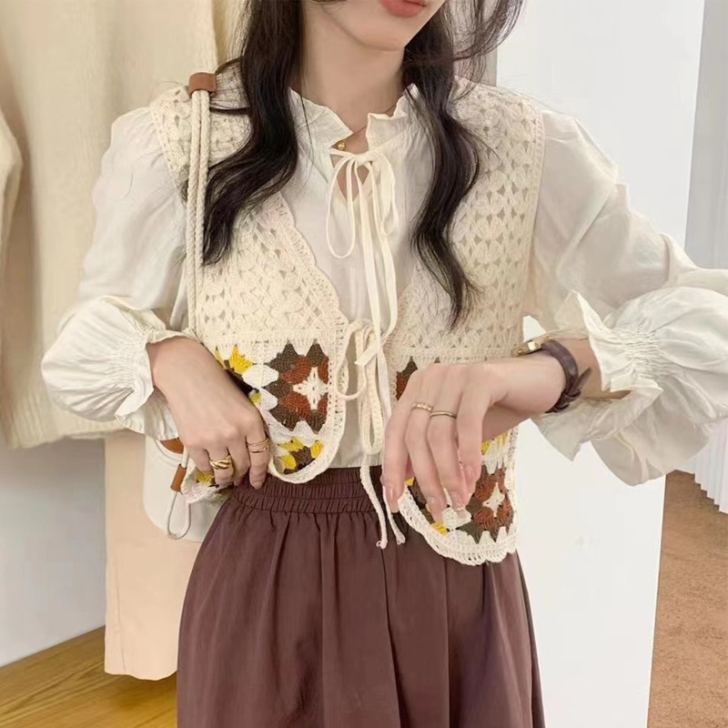 Xiangbao Áo Khoác Ghi Lê Dệt Kim Không Tay Thêu Họa Tiết Caro Cổ Điển Cho Nữ