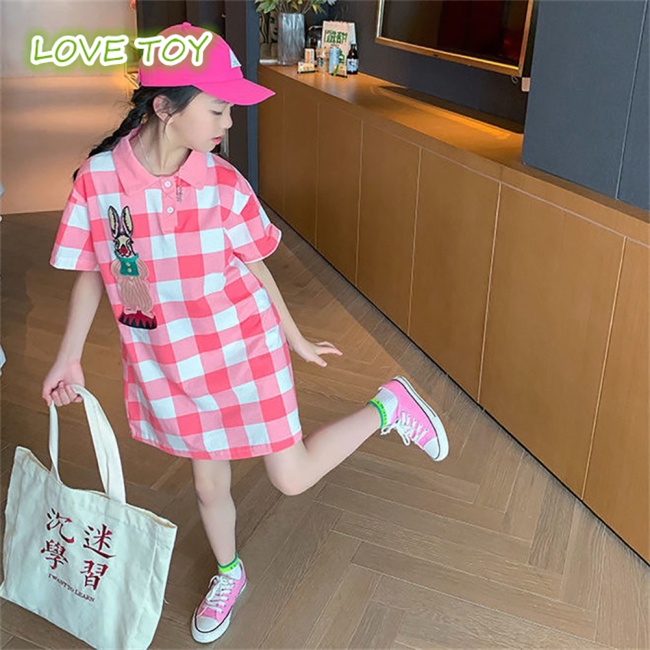 Đầm Thun Polo Tay Ngắn Dáng Chữ A Họa Tiết Sọc Caro Thời Trang Mùa Hè Cho Bé Gái