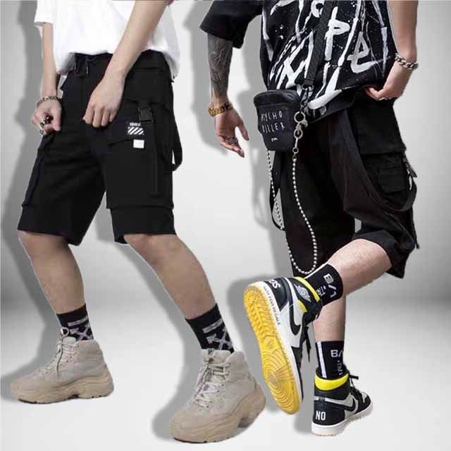GIÁ SẬP SÀN  Quần Sooc Kaki Túi Hộp Unisex Phối Xích Dáng Short Cộc Ulzzang Hàn Quốc, đùi Thun nam nữ co dãn màu đen