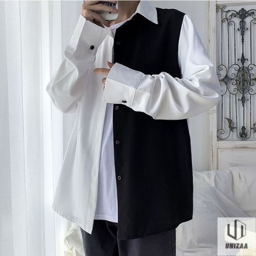 Áo sơ mi nam form rộng tay dài Unizaa kiểu unisex phối màu trắng đen khoác ngoài kẻ sọc nữ oversize hàn quốc AS02