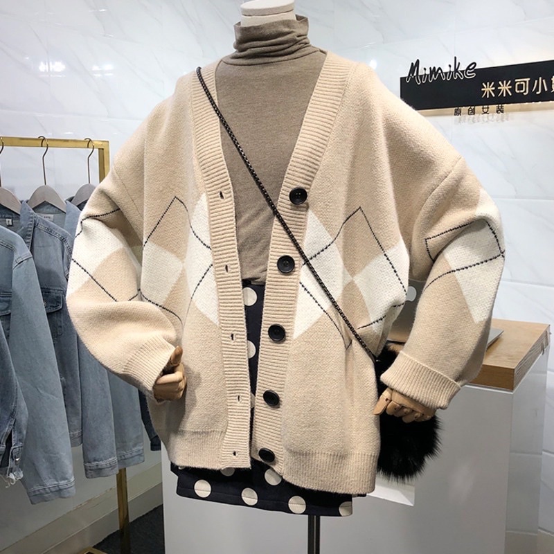 Áo khoác len Cardigan len thổ cẩm xanh than hàng Quảng Châu, Áo Cardigan nữ dáng rộng họa tiết kim cương sang trọng