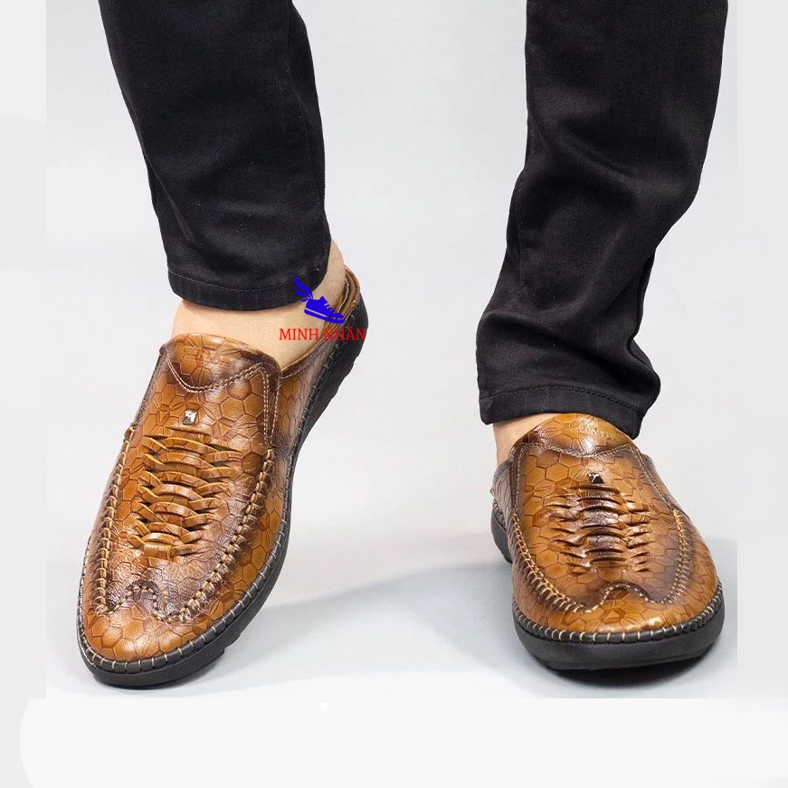Giày Sục Nam Da Bò Dép SaBo Bít Mũi rọ nam mùa hè đục lỗ thoáng khí Minh Nhân R3 màu vàng