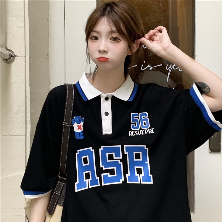 Áo polo Tay Ngắn Dáng Rộng In Chữ Phong Cách Retro Thời Trang Mùa Hè Cho Nữ