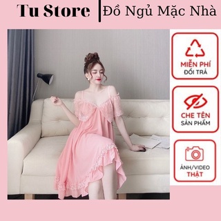 Váy Ngủ Xuyên Thấu Nữ, Set Đồ Ngủ Sexy Bẹt Vai ( Váy Ngủ,Kèm Quần ) , Đầm Ngủ Mặc Nhà Bigsize Chất Voan Tơ.