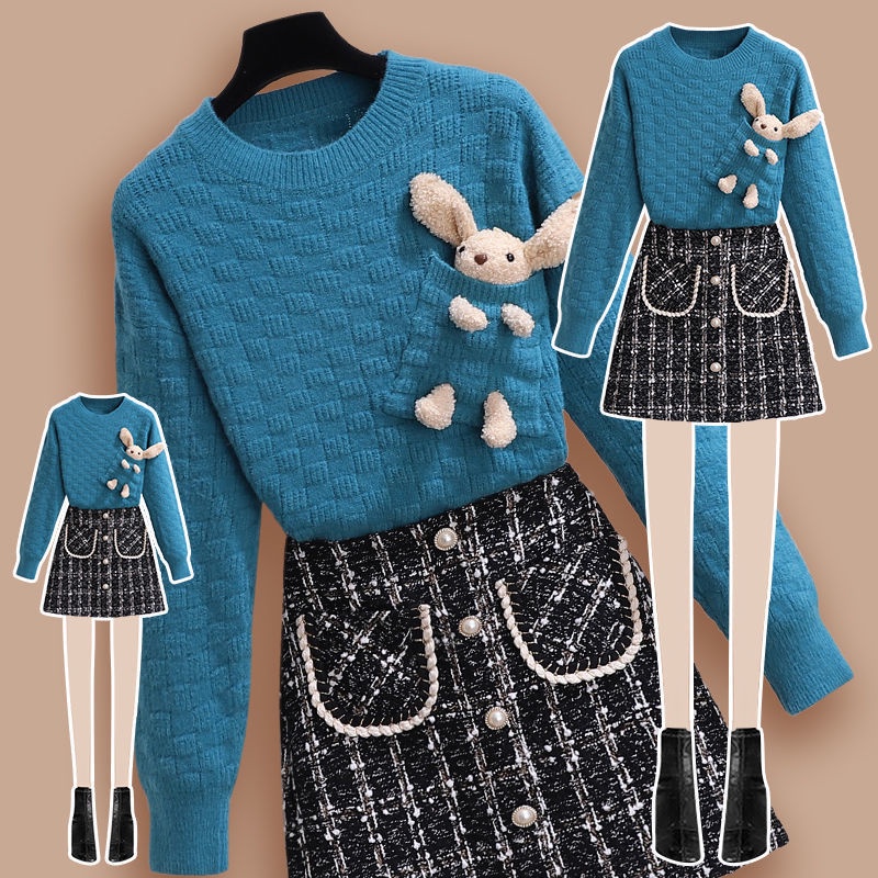 Bộ áo sweater + chân váy cỡ lớn thời trang thu đông mới 2021 cho nữ