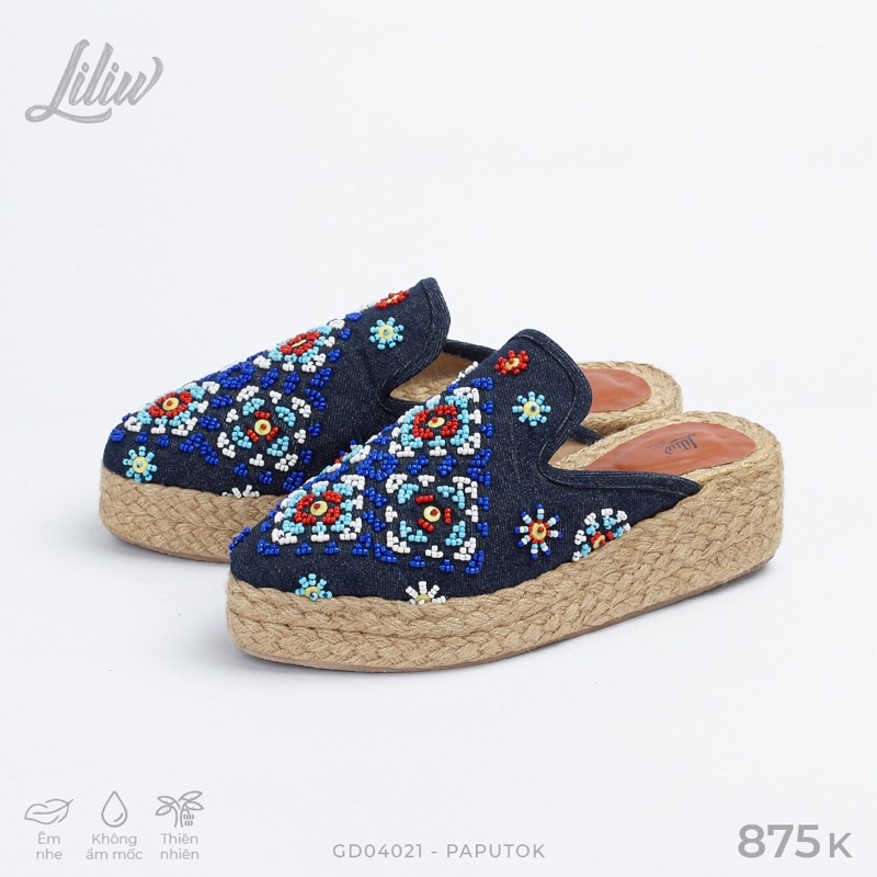 Dép cói đế cao 4cm kiểu dép Loafer đính hạt nghệ thuật - Paputok