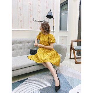 Célia Closet Váy tay bồng xòe đuôi cá gấm xốp tay bồng