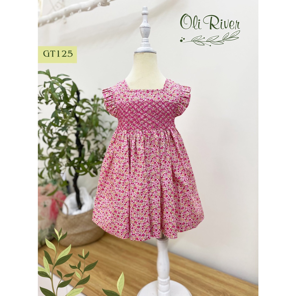 Váy smock bé gái OLI RIVER váy hoa nhí hồng thiết kế cánh tiên thêu ziczac thủ công cực yêu cho bé - GT125