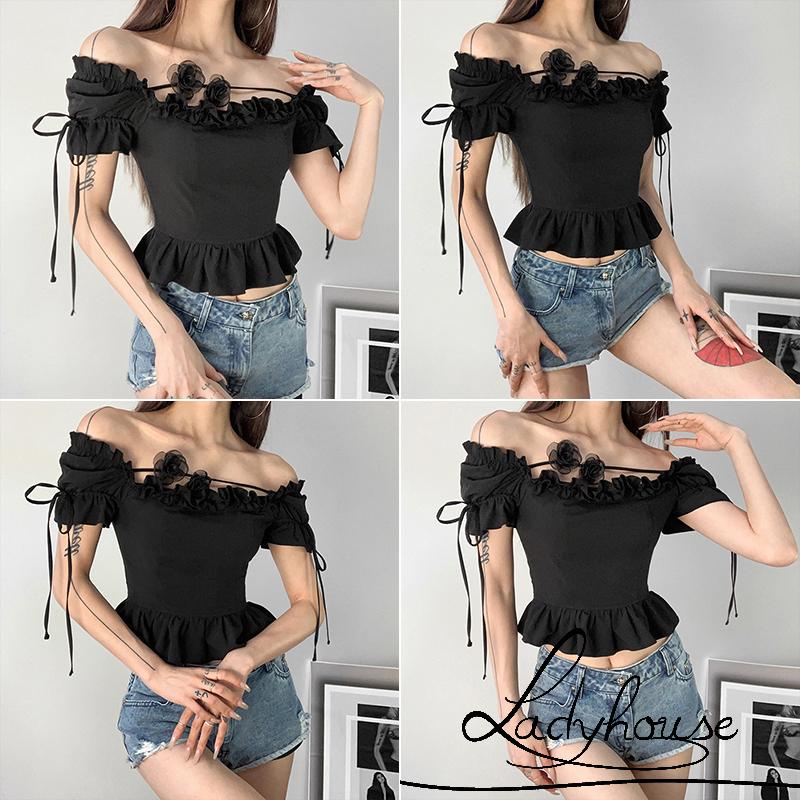Áo Croptop Trễ Vai Tay Ngắn Màu Trơn Họa Tiết Hoa Thời Trang Mùa Hè Cho Nữ