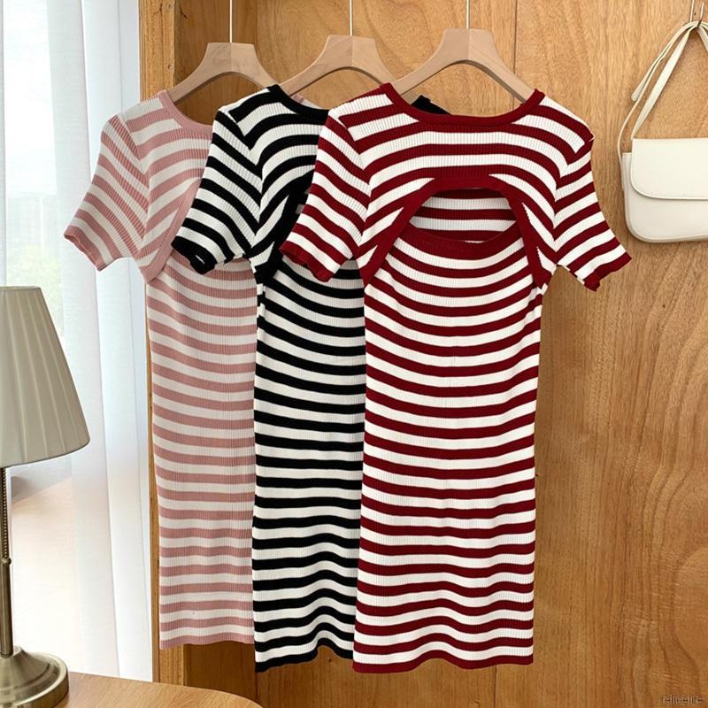 Đầm Dệt Kim Tay Ngắn Cổ Tròn Hoạ Tiết Kẻ Sọc Phong Cách Hàn Quốc