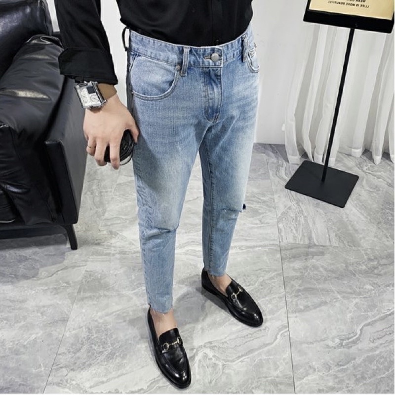 QUẦN JEANS SKINNY CO DÃN XANH TRƠN RÁCH GỐI (hình chụp thật)