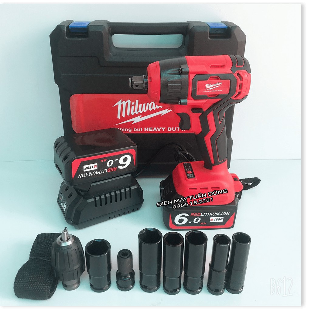 Máy siết bulong Milwaukee M188F - 3 ĐÈN LED KÈM 6 KHẨU DÀI + ĐẦU CHUYỂN VÍT + ĐẦU KHOAN - Hàng chính hãng