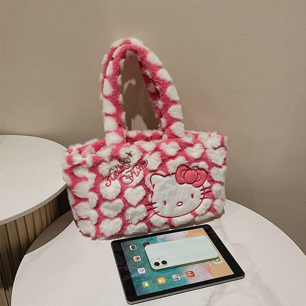 Túi Đeo Chéo Đựng Điện Thoại Phối Lông Họa Tiết Trái Tim Phong Cách Lolita