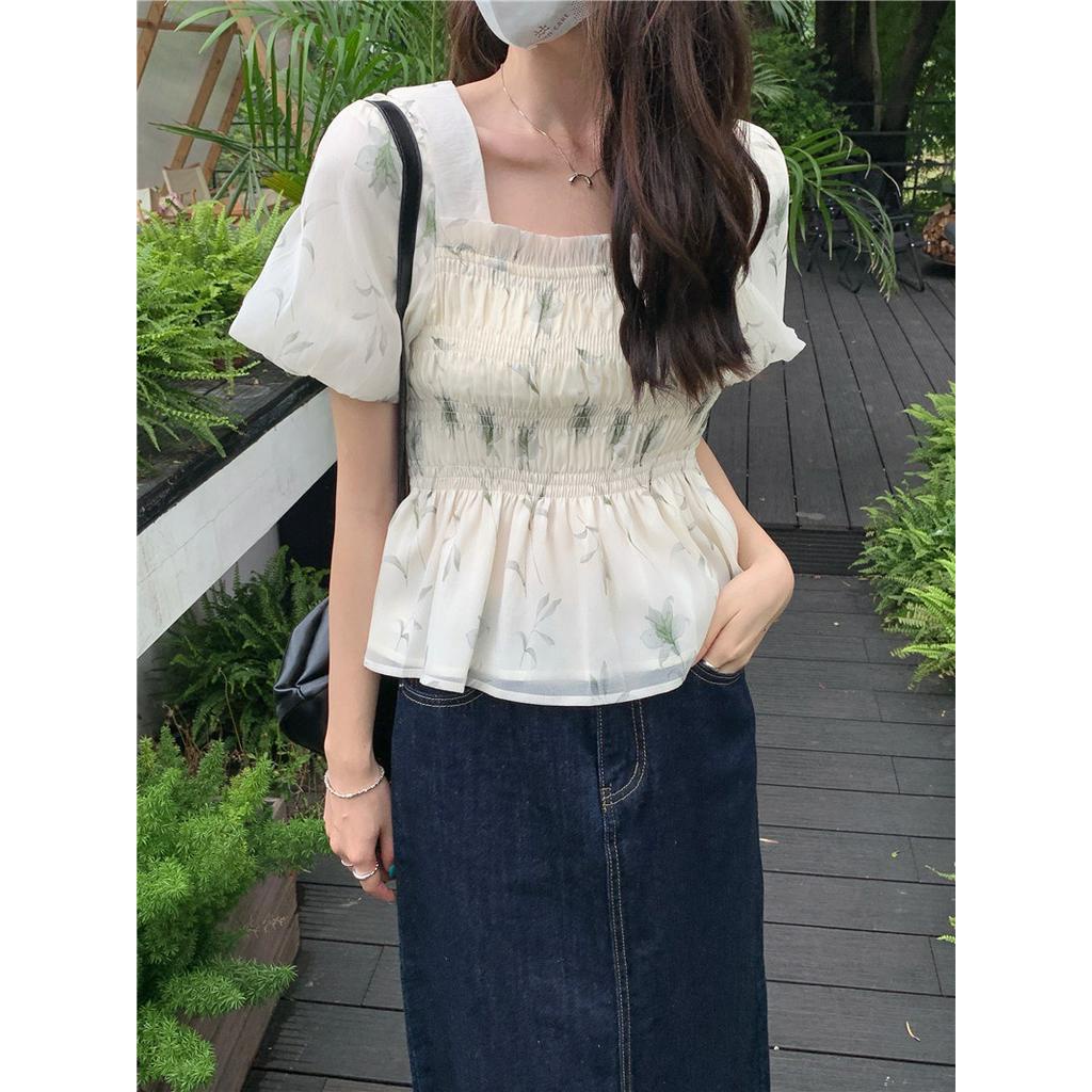 Áo Voan Hoa Ngắn Tay Cổ Vuông Ôm Eo Thời Trang Xinh Xắn 65338