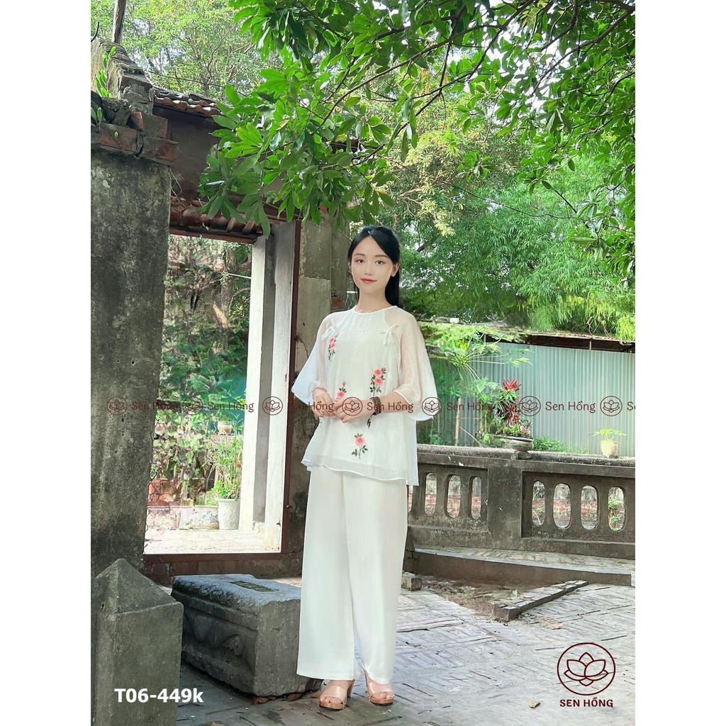 [MỚI] SET TRANG PHỤC PHẬT TỬ - Quần áo truyền thống nữ vải đũi tơ 2 lớp thêu hoa hồng - áo lam đi chùa đi chơi T06