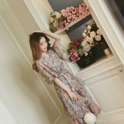 Đầm nữ đẹp in hoa chất voan váy dự tiệc ulzzang dáng xoè 2 tầng Đầm dự tiệc tay lỡ nơ lưng tầng xéo cách điệu (TT2192)