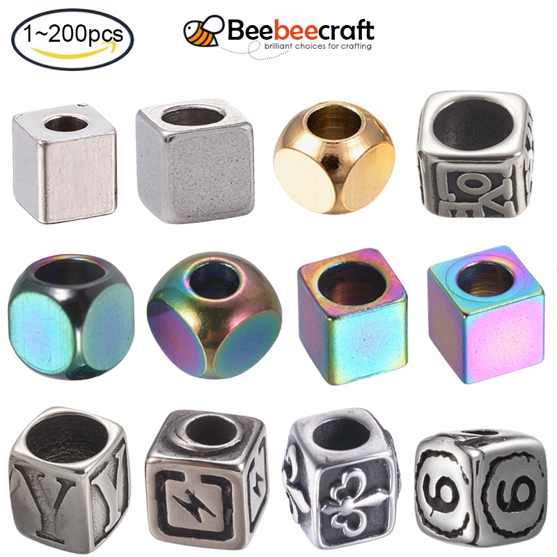 1~200 Hạt Cườm Lập Phương Bằng Thép Không Gỉ 304 Lỗ 5x5x5mm Làm Đồ Thủ Công 3mm