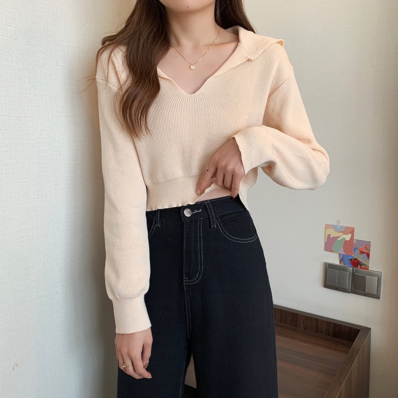 Áo croptop SUXI dệt kim tay dài dáng rộng cổ chữ V phong cách Hàn Quốc