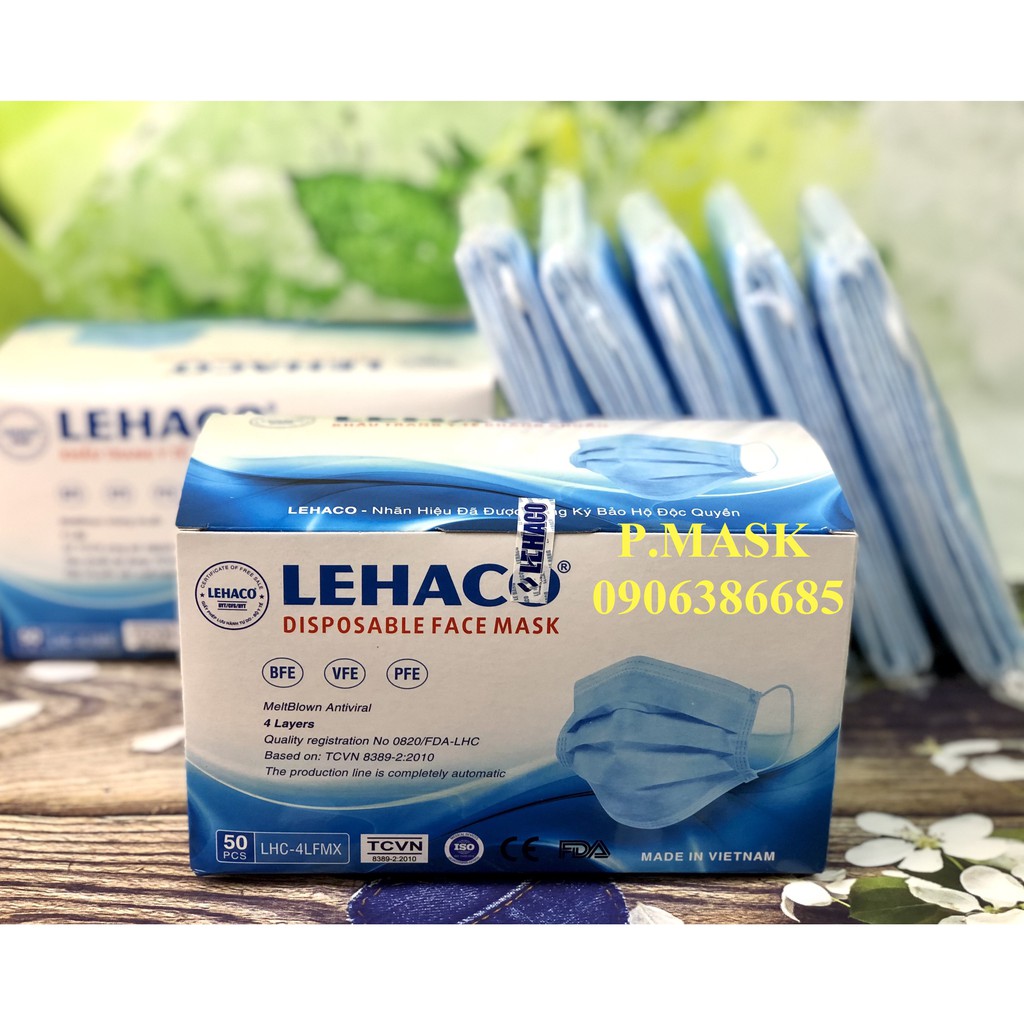 Khẩu trang 4 lớp Lehaco màu Xanh Kháng Khuẩn hộp 50 cái