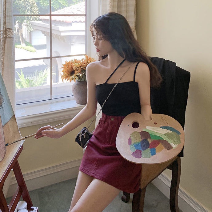 Women tank tops French-style croptop vest Women's summer outer wear inner match design sense niche short top hot girls strapless ins trendy