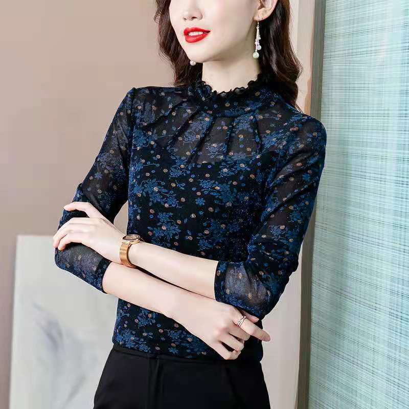 Sợi lưới đáy áo sơ mi phụ nữ đầu mùa thu mặc dài tay kiểu phương Tây cổ áo nửa đứng in chấm bi mỏng cộng với áo cộc tay