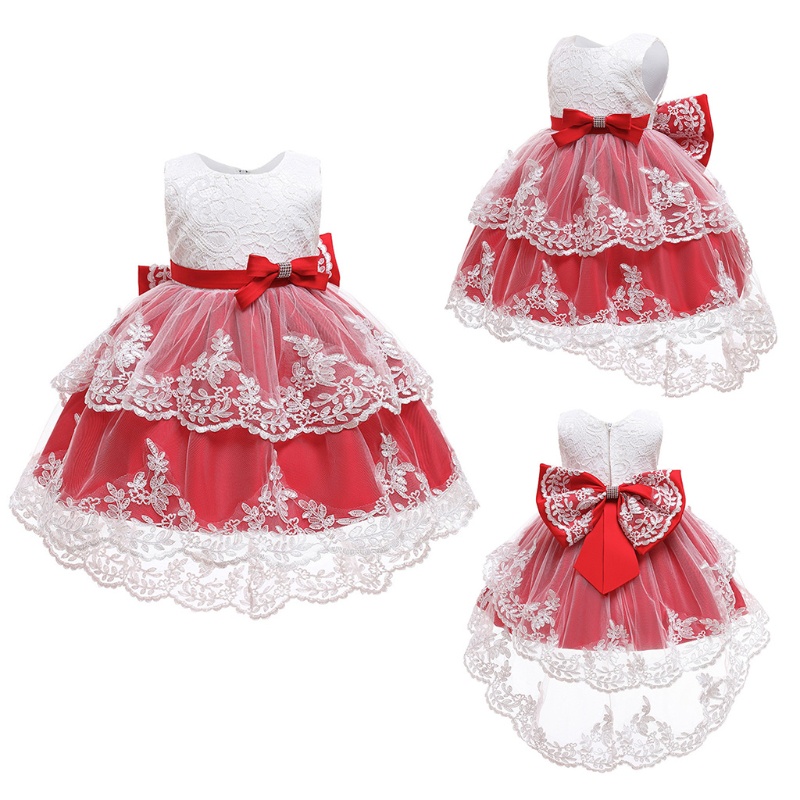 Đầm Công Chúa Không Tay Vải Tuyn Đính Nơ Phối Ren Lưới Thêu Hoa Xinh Xắn Cho Bé Gái