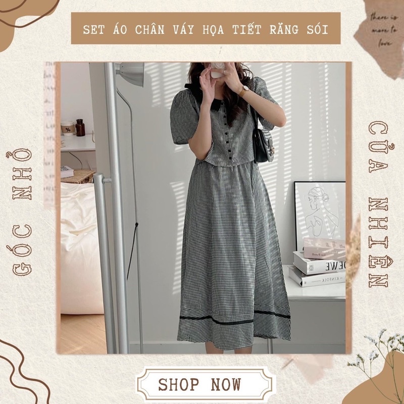 Set Váy Đầm Nữ Áo Croptop Cổ Bèo Và Chân Váy Dáng Dài Hoạ Tiết Kẻ Caro (ẢNH THẬT+VIDEO)