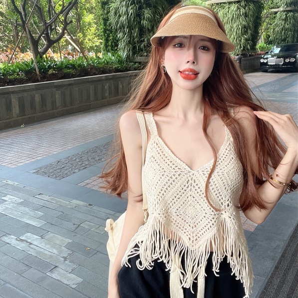 Áo dệt kim ZHELIHANGFEI 2 dây tua rua phong cách quyến rũ