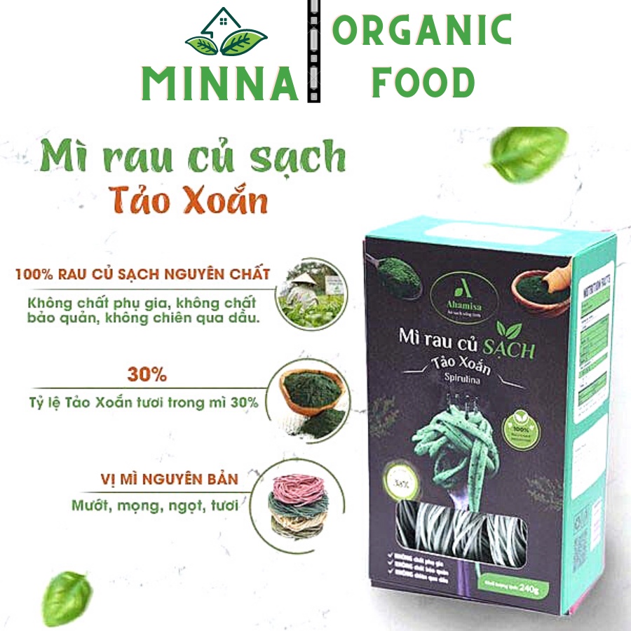 Mì Rau Củ Tảo Xoăn Organic Hữu Cơ Ahamisa, mỳ Eat clean giảm Cân, ăn chay, ăn kiêng, không chiên nóng 240G Minna