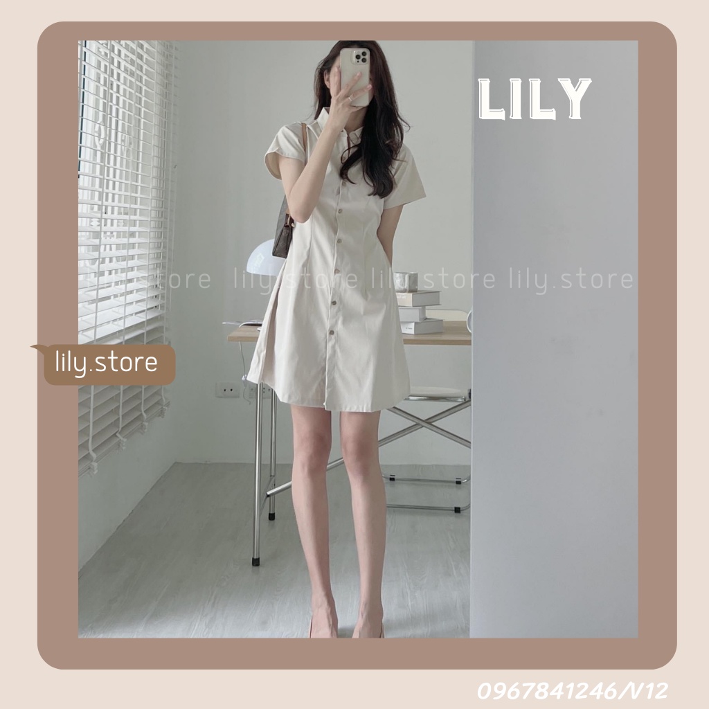 Váy sơ mi dáng suông có chiết eo, Đầm sơ mi chiết eo tiểu thư chất liệu kaki tôn dáng trắng be đen V12 LILY