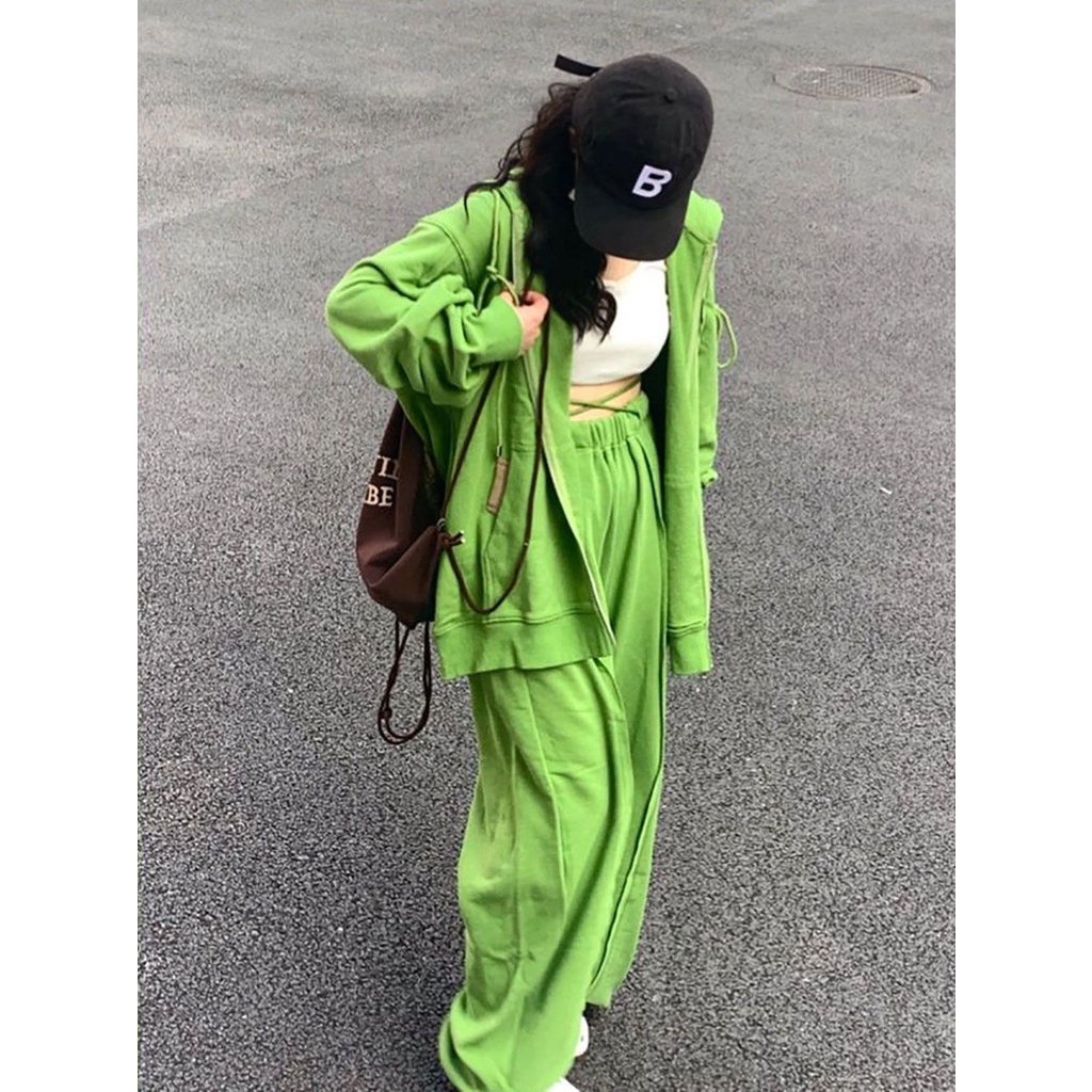 Bộ Đồ Thể Thao Áo Khoác Cardigan Phối Quần Dài Lưng Cao Ống Rộng Có Khóa Kéo Màu Xanh Lá Thời Trang Mùa Xuân 2022 Cho Bạn Gái