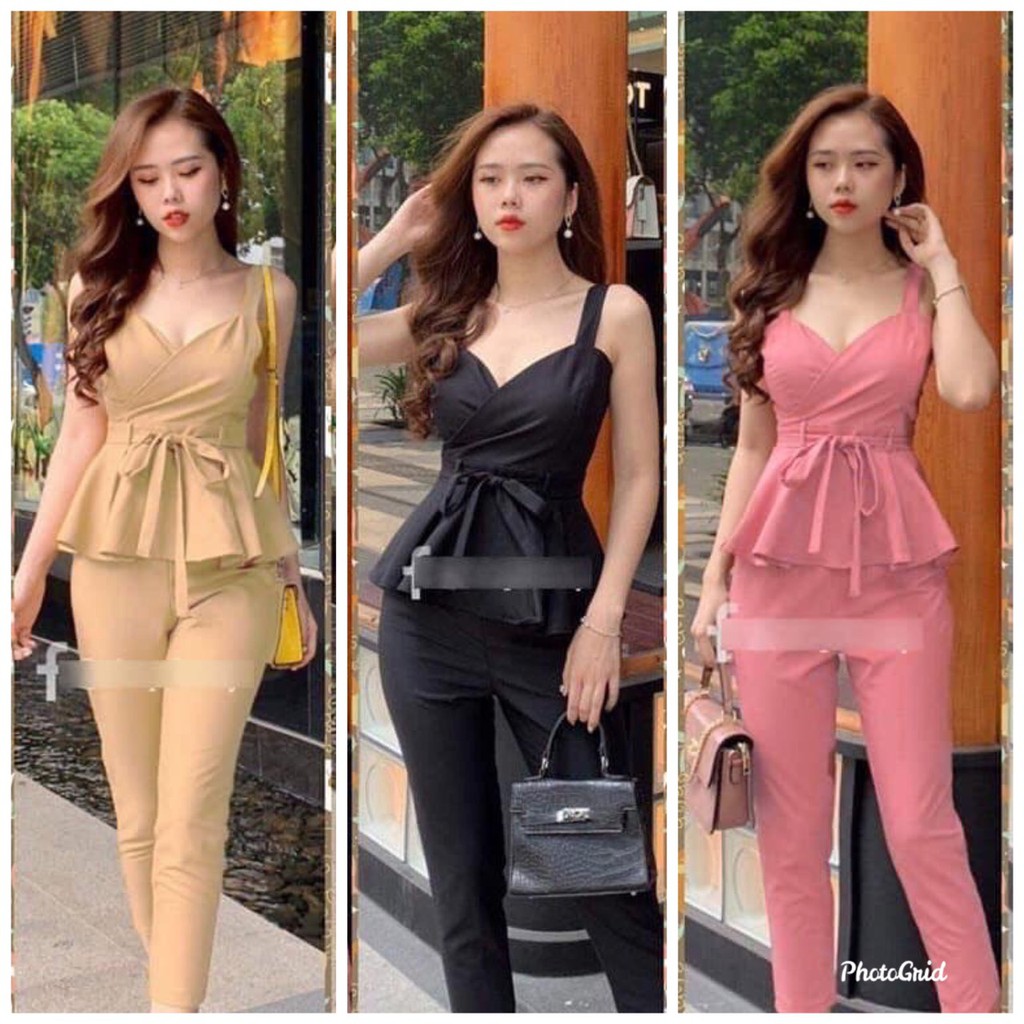 Đồ bộ mặc nhà 2 dây cột nơ eo quần 9 tất chất mềm mát mịn không xù-M455