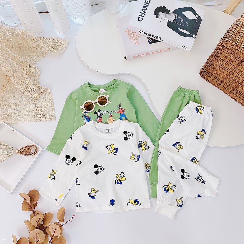 Bộ Quần Áo Dài Tay Thu Đông In Hình DISNEY CREW Vải Cotton Tàu Co Dãn 4 Chiều Cho Bé Từ 7-19kg Mã DT36