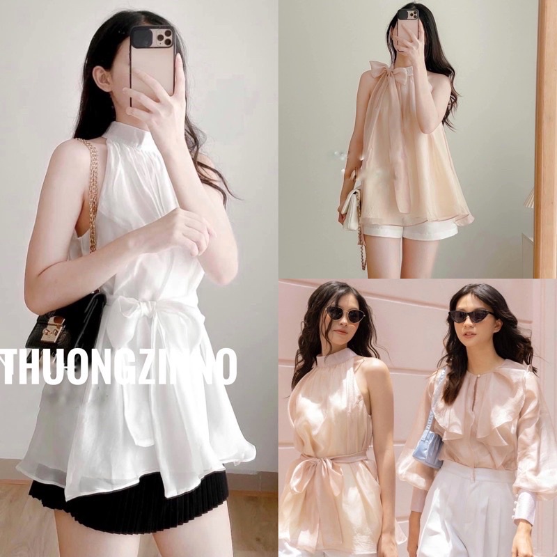 [Ảnh thật/Video]Áo yếm tơ kèm đai thắt eo hoặc làm turban Áo sơ mi tơ mềm