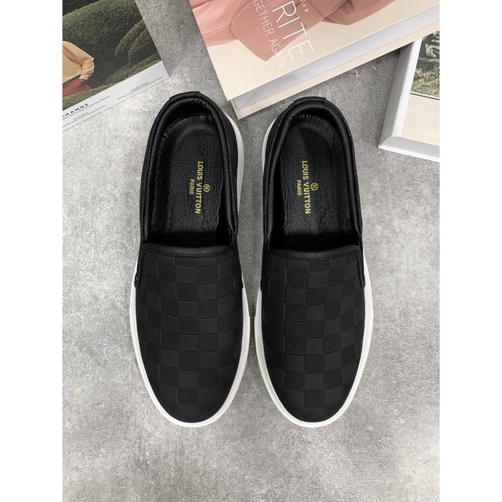 sale 12-12 Giày Lười Nam Slipon LV full hoạ tiết caro đen nhám cục sang chảnh MSP 68437